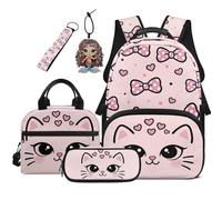 COEQINE 5 Piece Cat Pink Bow School Backpack With Lunch Bag 44cm Bookbag Tags For Kids School Easy to Clean Pencil Cases Keychain Travel Laptop Backpacks for Daily Study