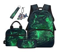 COEQINE 5 Piece Neon Green Wolf School Backpack With Lunchbox Set for Kids Elementary Book Bag With Laptop Compartment and Padded Straps Include Pencil Pouch Keychain 44cm Back To School Gift