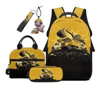 COEQINE 5 Piece Yellow Excavator Kindergarten Backpack for Boys with Lunchbox 44cm School Bag for Kids Daycare Lightweight Pencil Case Keychain Lightweight Laptop Backpack 44cm for Daily Study
