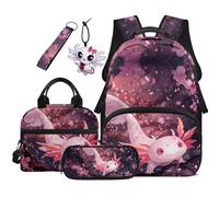 COEQINE 5 Pieces Axolotl Backpack for Girls School Bag Set for 1ST 3rd to 6th Graders Spacious Axolotl Lunch Box with Strap and Large Pencil Pouch Cute Keychain For Bookbag fdr Elementary-School