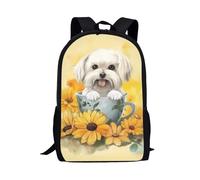 COEQINE 6-8 Age Kids Sunflower Backpack For Women Girls School Backpack for Girls Preschool Elementary Middle High School Bag,Yelllow Kawaii Tea Dogs Pattern