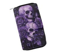 COEQINE Animal Wallet, Cute Chicken Long Leather Money Bag, Handbag With Zipper for Coin Phone, Travel Handbag for Party, Purple Skull Rose Flower, L