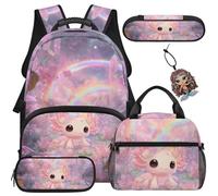 COEQINE Axolotl Backpack and Lunch Box Set Kids School Bags for Girls 7-10 Pink Rainbow Bookbag for Teen Girls In High School 44cm Laptop Bag Have A Place for Water Bottle for Travel Picnic