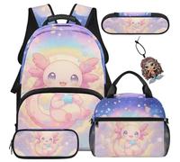 COEQINE Axolotl Backpack Set for Girls Kids School Bag 1st Grade Pastel Rainbow 44cm Bookbag for Teen Girls In Middle School with Pencil Case Utensils Bag for Elementary School Travel