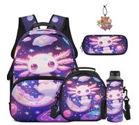COEQINE Axolotl Backpack with Lunch Box Set for Elementary Middle School 44 cm Kids School Bags for Girls 4-12 with Purple Starry Moon Pencil Case Keychains Water Bottle Sleeve Laptop Bookbag 5 Pcs