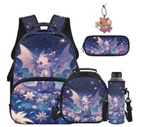 COEQINE Axolotl Purple Moon Dragon Kids School Backpack for Girls for 6-12 with Lunchbox Pencil Case Keychain Water Bottle Sleeve Bookbag Travel Ruckpack for Elementary School