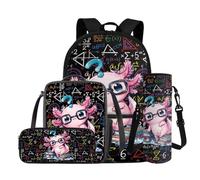 COEQINE Axolotl School Backpack for Girls,17 Inch Kids School Bag with Lunch Box Study Black Math Bookbag for Boys 6-12 Elementary School 4th Grade Pencil Case Water Bottle Pocket Student Back Pack