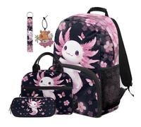 COEQINE Axolotl School Backpack for Girls with Lunchbox Pencil Case Keychain Set Kindergarten Elementary Middle-Schoolbag for Kids 7-12 Lightweight Cherry Blossom Dark Bookbag Keychains for Casual