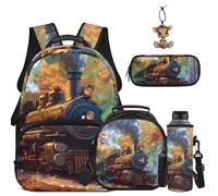 COEQINE Backpack for Boys 8-12 Kids School Bags Vintage Mountain Train Printed for 4-12 for Elementary School with Pencil Case Pouch Keychain Water Bottle Holder Casual Bookbag,5 Pcs