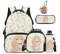 COEQINE Backpack for Girls 10-12 5th Grade School Bag for Kids Elementary Bunny Beige Floral Garden Print Lunchbox Pencil Case Pouch Keychain Water Bottle Pocket Set for Elementary Ruckpack Travel