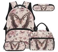 COEQINE Backpack with Matching Lunch Box for Girls Kids Bookba Butterfly Vintage Floral Brown Middle School Large Bookbag Adjustable Shoulder Straps Pink Pencil Case Utensils Bag