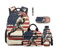 COEQINE Baseball Backpack for Boys 8-12 Kids School Bag with Lunch Box USA Flag Vintage Print Book Daypack for Elementary Middle High School Water Bottle Pocket Pencil Case Pouch Keychain