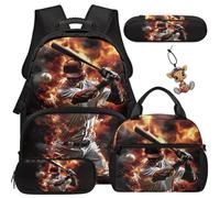 COEQINE Baseball Backpack with Lunchbox Set for Boys Kids Bookbag Girls 8-10 Large Fire Player Printed Kids Schoolbag Keychains Cute Pencil Case for Elementary Middle High School 5 Pcs