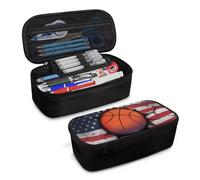 COEQINE Basketball Pencil Box for Boys 10-12 Age American Flag School Penciol Pouch with American Flag Basketball Crush Pattern Cool Boys Pencil Box