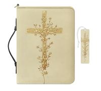 COEQINE Beige Bible Cover Case for Women Teen Girls Leather Bible Book Covers Bag Waterproof Bookmark Set 2 Pack Church Study Book Carrier with Pockets Handle Zipper,Size L