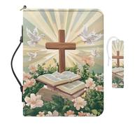 COEQINE Bible Cover Case for Women with Supplies Leather Bookmarks Set Pink Rose Flower Cross Dove Study Bible Bag with Handles for Work Travel Shopping Tote Handbag,10.6x7.5x2