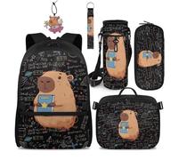 COEQINE Black Capybara Print Kids Backpacks for Elementary School Bookbag Set with Lunch Bag and Pencil Pouch Keychain Black Book Print, Set 5 in 1 Back to School Supplies Travel Rucksack