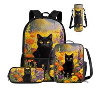 COEQINE Black Cat Backpack for Girls 4Pcs Set, Cute School Bookbag with Lunch Box Pencil Case Water Bottle Holder, Laptop Bag for Elementary Middle School Kids Age 4-12 Back to School Supplies
