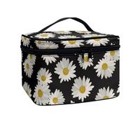 COEQINE Black Daisy Print Large Capacity Travel Cosmetic Bag, Daisy Floral Print Makeup Bag with Zipper for Women Female Wife Girlfriend Birthday,Black