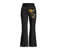 COEQINE Black Girls Flare Yoga Pants, Sunflower Butterfly Cute Cat Print Full Length Comdortable Leggings for Girls,Black Size 9-10 Years