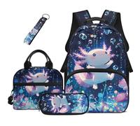 COEQINE Blue Axolotl Backpacks for Kids 4-6-8-12 Boys School Backpack with Lunch Bag Galaxy Bookbag with Large Pencil Pouch for Girls Elementary Middle-School 4-in-1