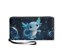 COEQINE Blue Axolotl Wallet for Men Leather Cool Long Stylish Soft Pu Coin Purse with Handles Card Slots Large Capacity Money Clips Black Cellphone Zipper Pouch with Wristlet