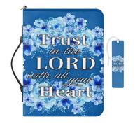 COEQINE Blue Bible Bag for Girls Leather Bible Cover Case for Women with Handles Church Bag Portable Waterproof Bookmark Boho Floral Book Tote Handbag Size L, Trust in The Lord with All Your Heart