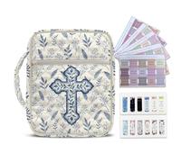 COEQINE Blue Bible Tabs and Quilted Bible Large Print Soft Cover White Quilted Cross Floral Printed Tote Bag for Women Travel with Colorful Bible Tabs fit 25 x19x5.5 cm