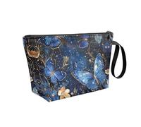 COEQINE Blue Butterfly Makeup Bag for Women Boho Floral Leather Cosmetic Travel Bag with Wristlet Handing Portable Cosmetic Organizer Case with Zipper for Birthday Valentine Day