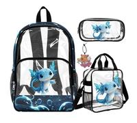 COEQINE Blue Clear Backpack Bookbag For Girls with Lunch Box Large Pen Pouch Hold 15.6-Inch Laptop Cute Axolotl Dragon Printed Kids Backpacks for Elementary Middle-School for Teenage 4 In 1
