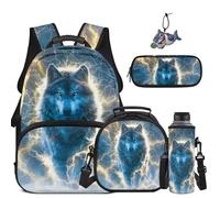 COEQINE Blue Galaxy Wolf Backpacks Set for School for Kids Girls Boys School Bag Set with Lunch Box Pencil Case Water Bottle Sleeve Preschool Kindergarten Elementary Bookbag Teenager Schoolbag 8-16
