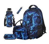 COEQINE Blue Lightning Galaxy Wolf Backpack Set School Bookbag with Lunch Bag Lightweight Pencil Case Pouch Water Bottle Holder and Keychains for Elementary Middle High School Student Travel Rucksack
