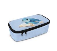 COEQINE Blue Pencil Case for Girls Cute Long Pencil Box Big Capacity Stationery Organizer Reading Turtle Printed Pen Case Holder for Notebook for School,26X11.4X8cm