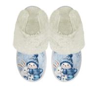 COEQINE Blue Slippers Women Christmas Gifts for House Shoes Fluffy Slippers Womens Size 36-47 Snowman Blue Cute Rabbit Animal Printed Warm Winter Footwear