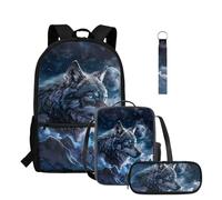 COEQINE Blue Wolf Backpack for School Toddler School Bookbag with Lunch Box Set for Kids Elementary Kindergarten Lightweight Laptop School Bookbag Preschool Portable Keychain Pencil Pouch
