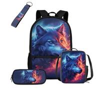COEQINE Blue Wolf Preschool Backpack Boys with Lunch Box and Water Bottle Sleeve Set 4 In 1 Bookbag For Boys with Padded Strap Keychain Pencil Bag Daypack Laptop Rucksack