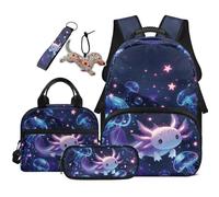 COEQINE Boys Axolotl Backpack With Lunchbox Kids School Bag for 1ST Grade Ocean Jellyfish Blue Book Bag For Girls 7-12 Pencil Cases Keychains For Laptop Rucksack Holder for Daily Study 5 In 1