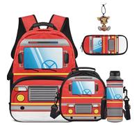 COEQINE Boys Backpack 10-12 Years Old Kids School Bag 1ST Grade Red Fire Truck Rescue Printed Primary Backpacks Elementary Primary Water Bottle Sleeve Pencil Case Keychain Travel Ruckpack,5 Pcs