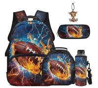 COEQINE Boys Backpack Ages 6-16 Kids School Backpack with Lunchbox Bag Football Galaxy Printed Laptop Handbags for Elementary School Matching Water Bottle Sleeve Pencil Case Keychain Travel Ruckpack