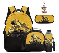 COEQINE Boys Backpack with Lunch Box Set Kids School Bag 1ST Grade Yellow Construction Excavator Printed for 4-10 for Elementary School 1-3 Grade with Water Bottle Sleeve Pencil Case Travel Ruckpack