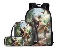 COEQINE Boys School Bag And Lunch Box Set Dinosaur Back Pack For Travelling Water Bottle Holder Sleeve for Bike Lightweight Backpack Laptop Rucsack with Side Pocket