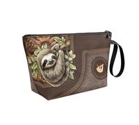 COEQINE Brown Leather Makeup Bag Large Capacity Travel Toiletry Bag for Women Work Office Carrying On Handbag Purse Daily Use Brush Holder Waterproof Mother Day