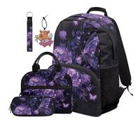 COEQINE Butterfly Backpack for Girls for School Bag Set for 1ST Grade Purple Gothic Rose Bookbag With Computer Pocket Spacious 44cm Laptop Rucksack with Keychains for Travel Hiking