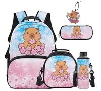COEQINE Capybara Backpack for Girls School Bag Set for Kids 8-10 with Pink Cherry Blossom Lunch Box Pencil Case Water Bottle Holder Keychain Set of 5 for Elementary School Laptop Bookbag, 44 cm
