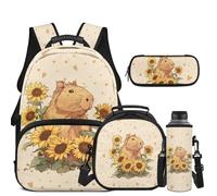 COEQINE Capybara Backpack for School Girls 4-12 with Lunch Bag Sunflower Yellow Backpack for Kids Elementary School Matching Pencil Case Water Bottle Holder Keychain Laptop Bookbag