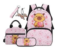 COEQINE Capybara Backpack with Lunch Box Set for Kids Girls School Bag Set Elementary Grades 3-6 Toddler Bookbag with Pink Heart Pencil Case Backpacks Keychains For Girl for Casual 5 In 1