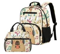 COEQINE Capybara Beige Music Note Cute Toddler Girl Backpack and Lunch Box Set 2 Pce Lightweight Custom Back To School Bag with Front Zip Pocket Easy Closure Brethable Diaper Bag Knapsack