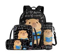 COEQINE Capybara School Backpack for Girls Boys 1-3 Grade, Black Math Book Print Elementary School Bookbags with Insulated Lunch Bag and Pencil Case, 4 Pcs School Bag Set Travel Water Bottle Sleeve