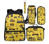 COEQINE Car Backpack with Lunch Box Boys Kindergarten Kids School Bag for 1ST Grade Large Pencil Cases Construction Yellow Big Boys Bookbag with Water Bottle Sleeve and Keychain for Elementary 4 Piece