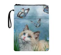 COEQINE Cat Book Sleeves,Bible Cover with Zipper Ragdoll Cute Butterfly Pattern Book Cover Protector with Front Pocket